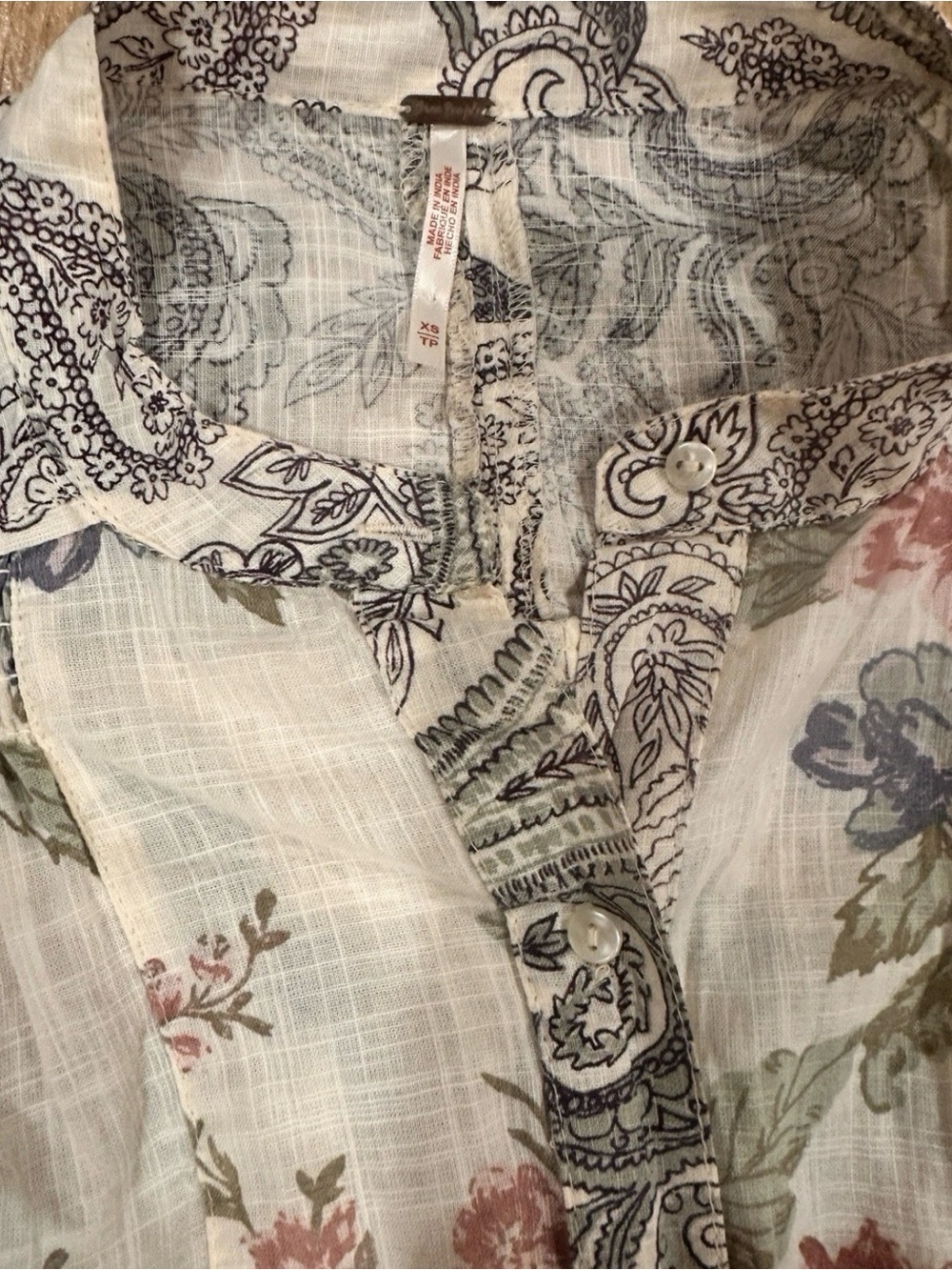 Free People Maraya floral button up cotton shirt puff sleeves beige XS - Picture 4 of 13